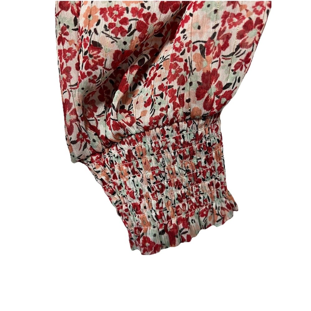 Torrid Floral Sheer Blouse 3X Red Button Up Long Sleeve Gold Stripe Boho Top - Picture 9 of 11
